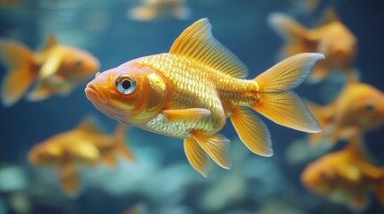 Fototapeta premium Vibrant goldfish swims in an aquarium, detailed scales and fins visible. Perfect for websites, blogs, or any project needing aquatic themes.