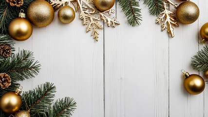 Christmas background with golden Christmas ornaments, snowflakes, and fir branches on a white wooden table