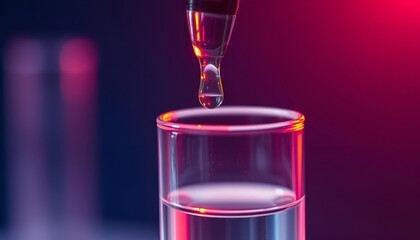 A macro shot of a pipette dropping a clear liquid into a test tube, with vibrant lighting that highlights surface tension and transparency.