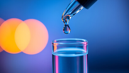 A macro shot of a pipette dropping a clear liquid into a test tube, with vibrant lighting that highlights surface tension and transparency.