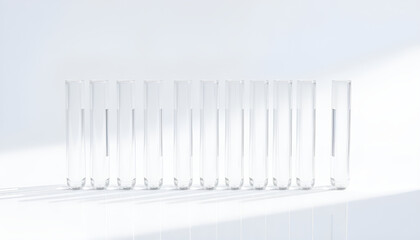 A row of sterile, empty test tubes on a white background, with soft shadows and reflections for a clean, modern aesthetic.