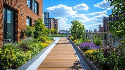 Rooftop garden path with city view.