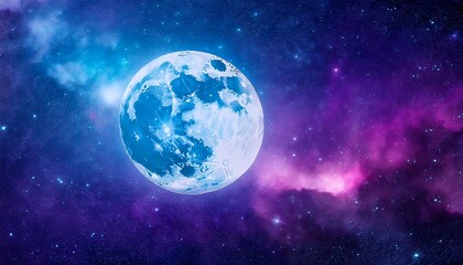 Obraz premium A bright, full moon glows against a vibrant, blue and pink nebula, stars scattered across the cosmic backdrop.