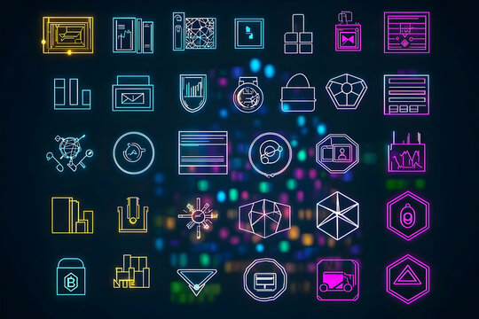 A series of RGB linear icons for NFTs, showcasing blockchain technology and virtual collectibles, created in an editable stroke style to visualize the emerging virtual asset market.
