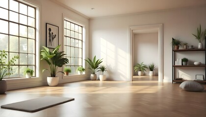 Bright and airy room with wooden floors, large windows, and potted plants