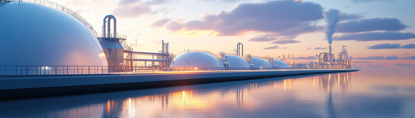 Efficient LNG cooling equipment at gas facility during sunset. serene water reflects industrial landscape, showcasing energy efficiency and modern technology