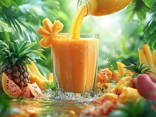 A vibrant glass of tropical juice is being poured amidst a lush, fruity background, showcasing a splash of freshness and color.