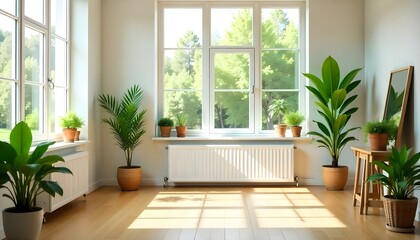 Bright and airy room with wooden floors, large windows, and potted plants