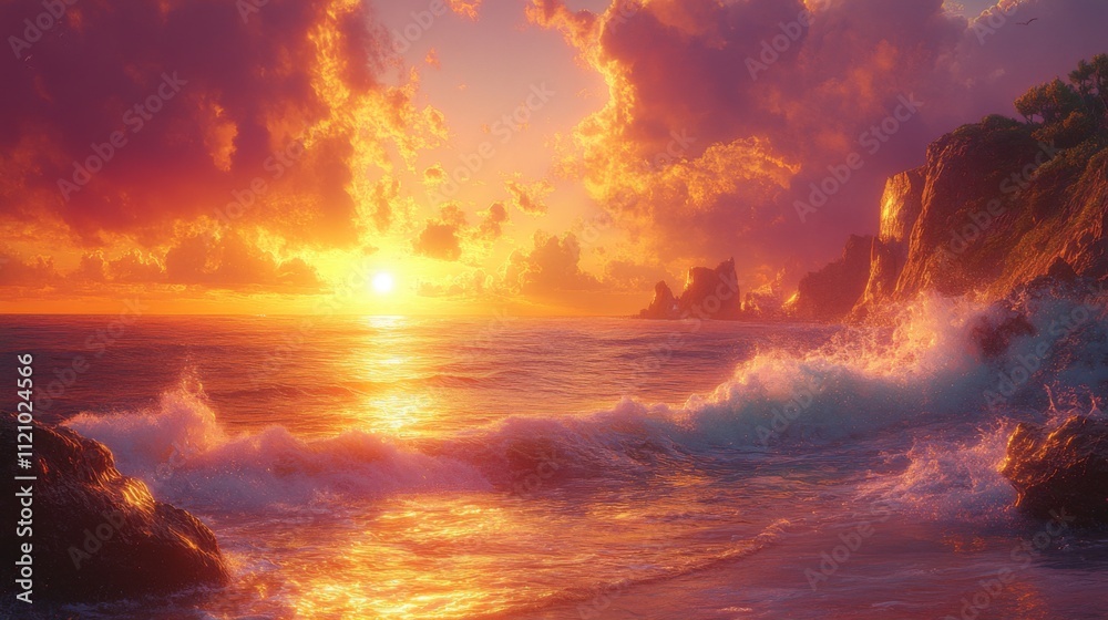 Canvas Prints Fiery Sunset Over Dramatic Ocean Cliffs