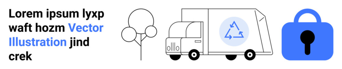 Delivery truck with recycling symbol, padlock icon and placeholder text beside a tree. Ideal for secure delivery, recycling services, logistics, eco-friendly practices, environmental awareness