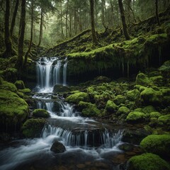 Obraz premium A waterfall cascading down moss-covered rocks in a dense forest.