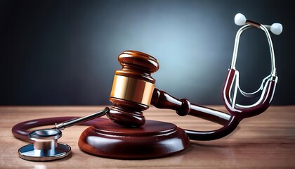 A wooden gavel intertwined with a stethoscope, symbolizing the intersection of law and medicine.