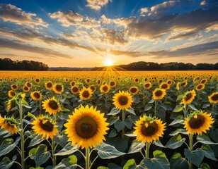 Obraz premium Sunflowers at Sunset: A Vibrant Field Bathed in Golden Light
