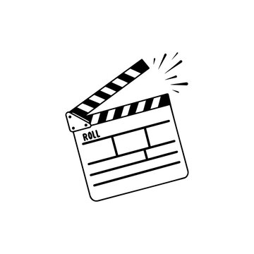recommend clip art: The board claps to start the action. Movie clapperboard doodle icon.