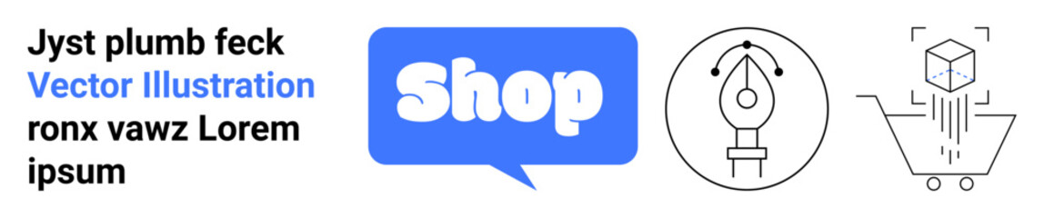 Blue speech bubble labeled Shop. Ink pen in a circled icon. Shopping cart with a floating 3D cube. Ideal for online shopping, digital design, e-commerce, graphic design, creative services. Banner