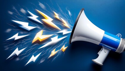 Blue and white megaphone with lightning bolts symbolizes announcements, alerts, and important messages.
