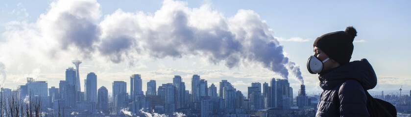 Obraz premium image depicts person wearing mask against backdrop of city skyline with visible air pollution. scene highlights impact of urban pollution on health and environment.A person in mask stands against