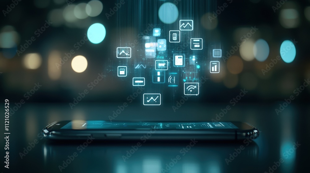 Poster modern smartphone displaying digital icons and data visualizations, symbolizing technology, connecti