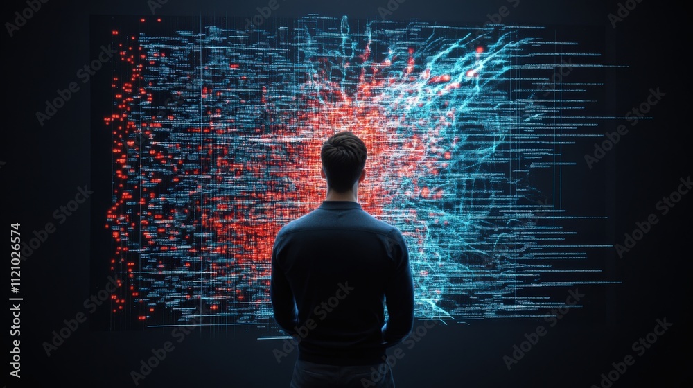 Poster Individual Analyzing Complex Data Visualization on Digital Screen in Dark Environment, Exploring Trends and Patterns Through Advanced Technology