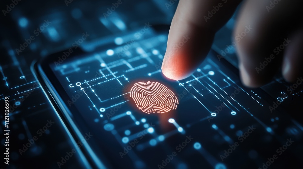 Poster High-Tech Fingerprint Recognition on Smartphone Screen Showcasing Digital Security and Personal Authentication in Modern Technology Environment