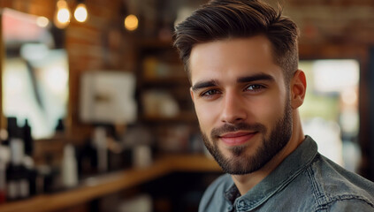 Obraz premium A handsome man with a fresh, trendy haircut, sitting in a modern barbershop, looking stylish and confident.