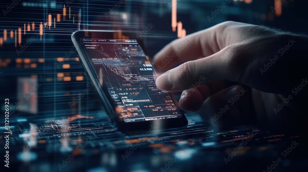 Poster Hand Holding Smartphone Displaying Stock Market Trends with Data Visualization in a Dark Environment Highlighted by Financial Graphs and Market Indicators