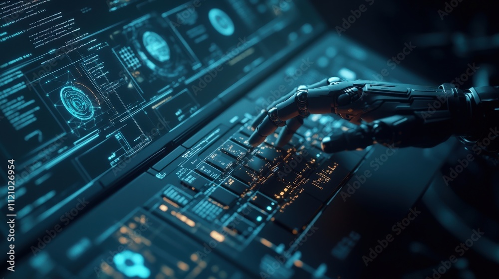 Poster Robotic Hand Interacting with Futuristic Laptop Display Technology in a High-Tech Environment Illustrating Advanced AI and Automation Concepts