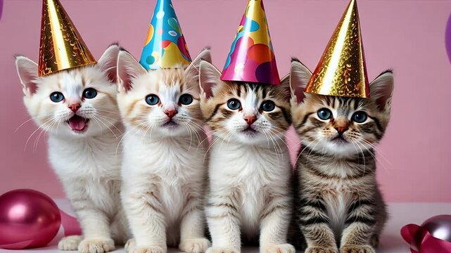 5 kittens white birthday hats 4k cat kitten hat animal balloon cute playful pet lovable olated charming humor claw mammal curious sweet tail sitting pedigreed unique pedigree fur studio