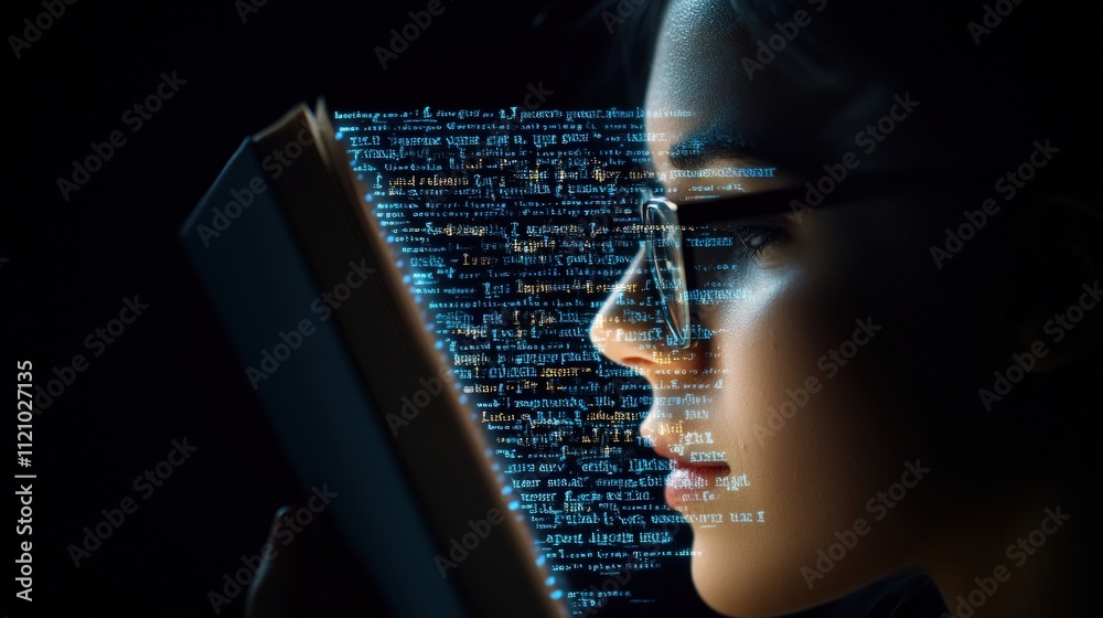 Aufkleber Young Woman Reading a Book with Overlay of Computer Code Illustrating Knowledge and Technology Integration in Modern Learning Environments