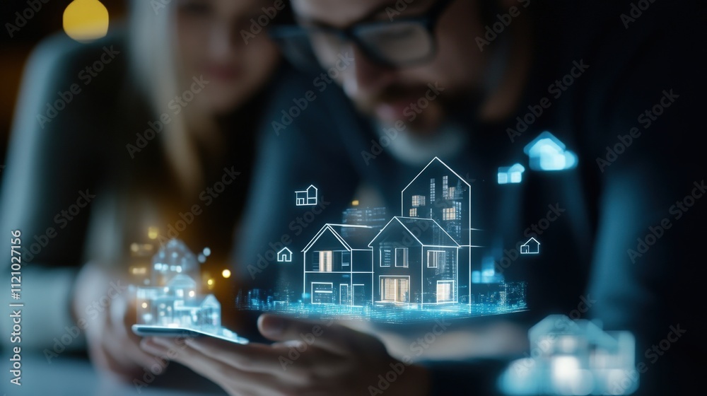 Poster young couple exploring digital real estate options using augmented reality on a smartphone, with 3d 