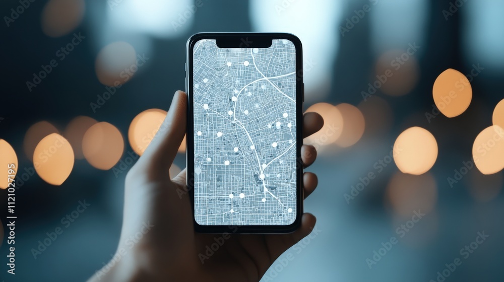 Aufkleber Hand Holding Smartphone Displaying Map with Geolocation Markers in Urban Environment with Soft Bokeh Background Lights and Modern City Feel