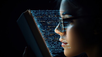 Young Woman Reading a Book with Overlay of Computer Code Illustrating Knowledge and Technology Integration in Modern Learning Environments