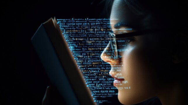 Young Woman Reading a Book with Overlay of Computer Code Illustrating Knowledge and Technology Integration in Modern Learning Environments
