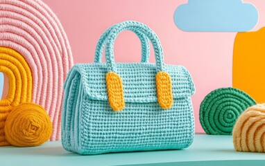 Handmade Crochet Bag Teal Yellow Cute Summer Purse Artisan Craft