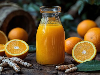 A vibrant, fresh bottle of orange juice surrounded by whole and sliced oranges, with turmeric roots and green leaves on a rustic wooden surface.