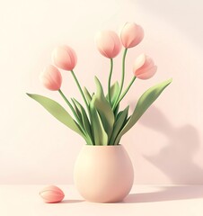 3D cartoon tulip bouquet, simple shapes and lines, soft colors, white background, simple, cute style, pink color, green leaves, cartoon style,