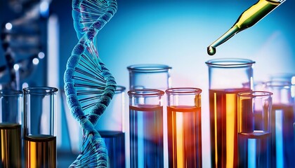 DNA double helix, test tubes, and pipette represent genetic research, genetic engineering, and biotechnology.