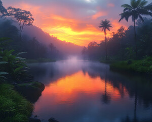 Vibrant sunrise over a misty jungle river reflecting fiery colors in calm water.