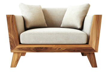 Fototapeta premium Modern wood armchair, neutral cushions, sleek design, cozy seating, contemporary furniture, minimalist style. Isolated on white background or PNG