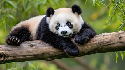 Fototapeta premium Panda relaxing among bamboo groves natural habitat wildlife photography tranquil environment close-up perspective serenity of nature