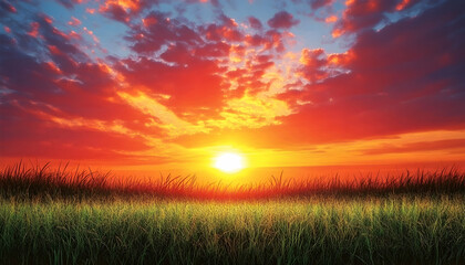 Fototapeta premium Vibrant sunset over a field of tall grass.