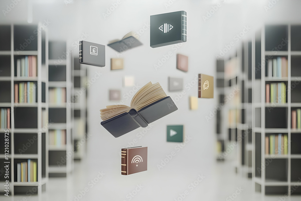 Wall mural virtual library with digital access points and floating book icons in a minimalist white space, symb