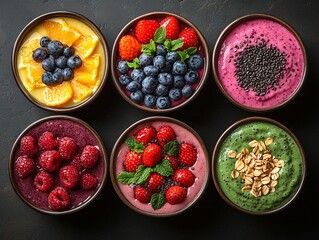 A vibrant display of colorful smoothie bowls topped with fresh fruits, seeds, and nuts, showcasing healthy and delicious options.