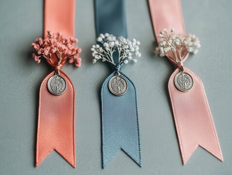 Satin ribbon bookmarks with engraved silver pendants, customized with wedding details, representing an elegant wedding favor