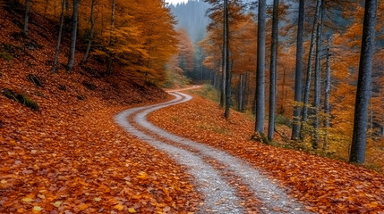 Obraz premium Winding gravel road through autumn forest with vibrant red and orange leaves.