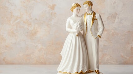 Naklejka premium Elegant porcelain wedding figurine with gold trim, personalized with the couples names and date, symbolizing cherished wedding memories