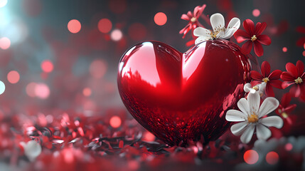 3D red heart with white and red flowers on the right side, on a dark background with bokeh lights, red and pink colors, in digital art style, illustration painting.