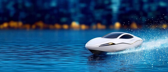 Futuristic White Speedboat on Water at Night City Lights Background