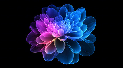 Abstract futuristic flower glowing with blue and purple light on black background. Vector illustrations, high resolution photos, professional photos.