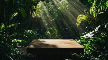 A Rustic Wooden Podium Nestled in Lush Tropical Foliage, Warm Sunlight Filtering Through the Forest